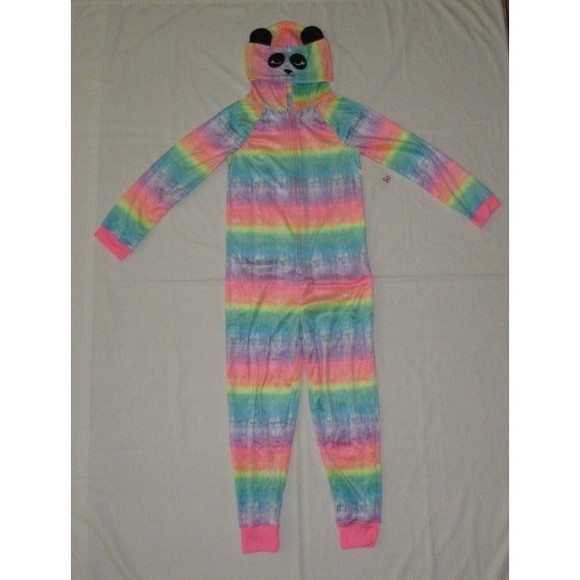 NEW One-Piece Pajamas Fleece L (10-12) Blanket Sleeper Union Suit Hooded Panda - Picture 2 of 9